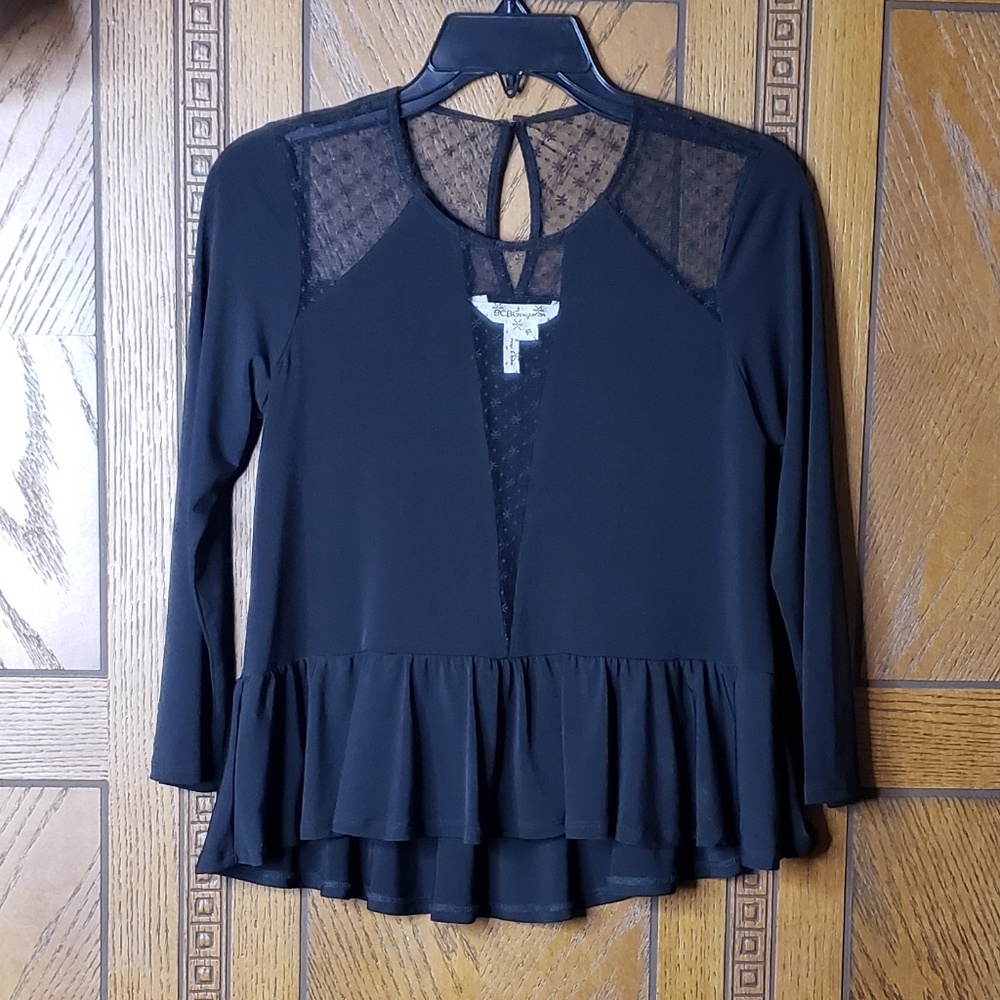 BCBGeneration Lace Yoke Ruffle Hem Black Top
